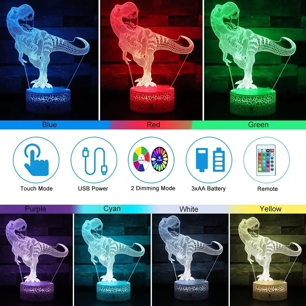 3D Cute Dinosaur Night Light Kids LED Dino Lamp Lovely USB Acrylic Glasses Table Nightlight for Children Gift Lamp Bedroom Decor