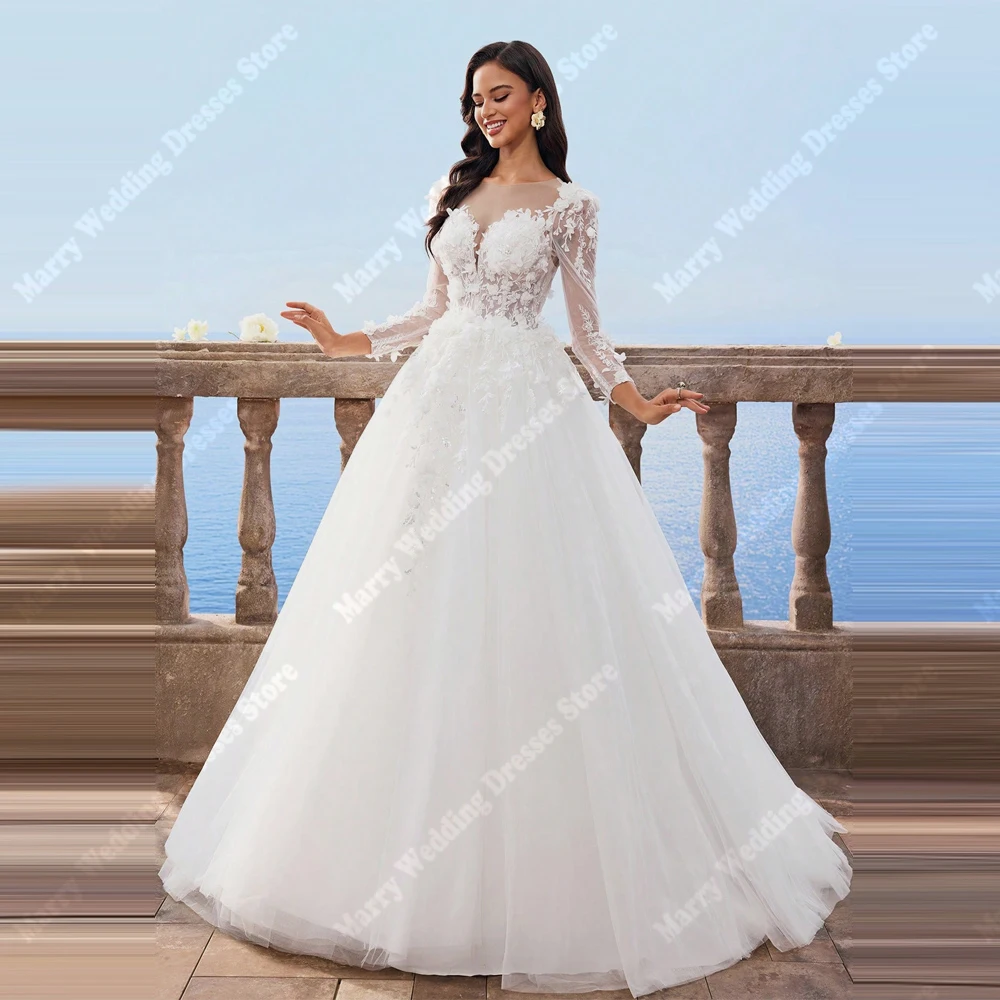 

Exquisite A-Line Women Wedding Dresses Long Sleeves Lace Appliques Bridal Gowns Banquet Tulle Vestidos de Novias 2025 Customized