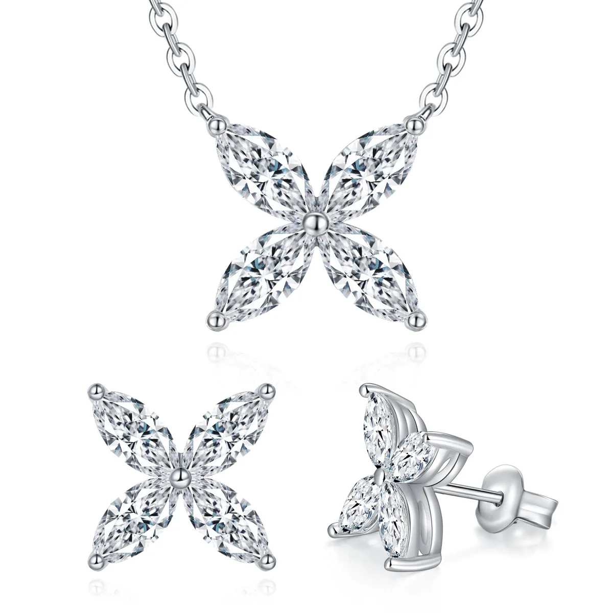 

3.6cttw All Moissanite Jewelry Sets for Women 3*6mm Marquise Cut Diamond Clover Necklace Earrings 925 Sterling Silver Jewelry