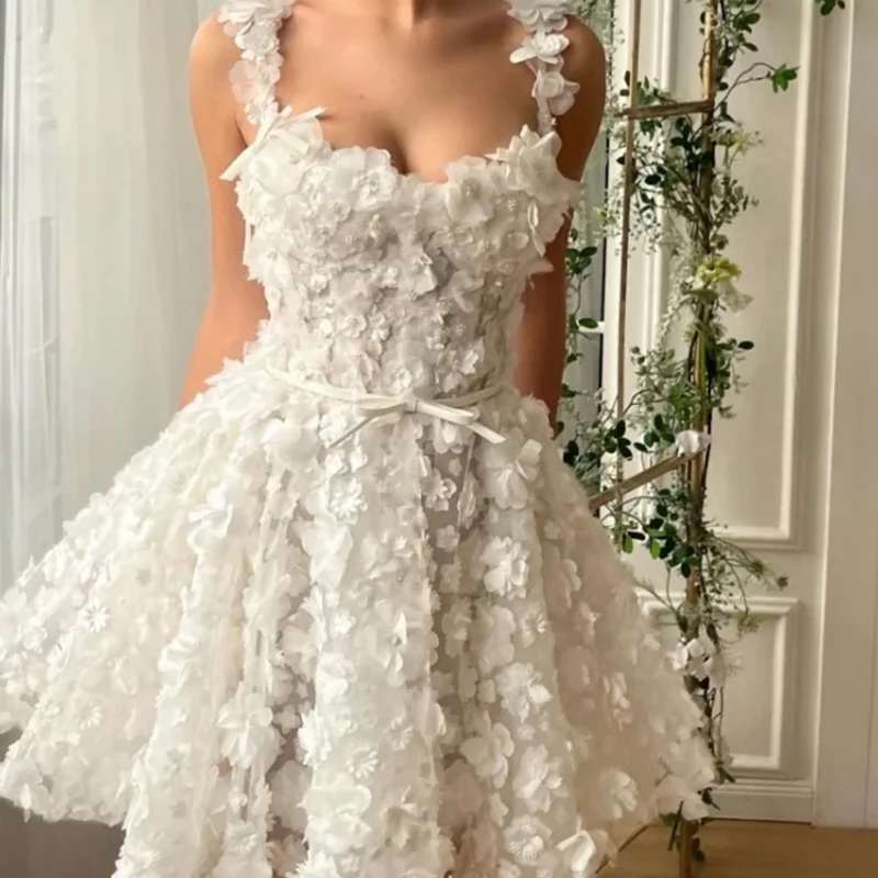 Mini vestidos de baile florais 3d românticos para festa, alças espaguete, linha a, vestido de baile, decote em coração, vestido de casamento curto