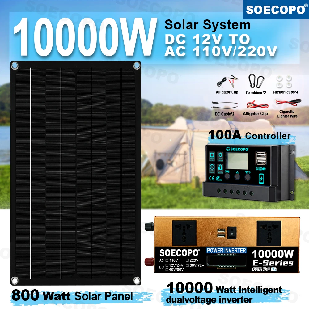 SOECOPO 10000W Home/Camping Backup Solar System Komplettset Dual12V/24V bis 110V/220V Wechselrichter 100A Controller 800W Panel