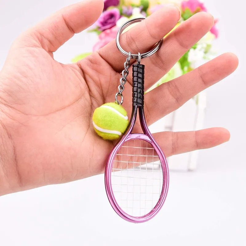 1/6Pcs Mini Tennis Racket Keychain with Ball Alloy Tennis Ball Split Ring Keychains Tennis Trinkets Key Ring Color Random