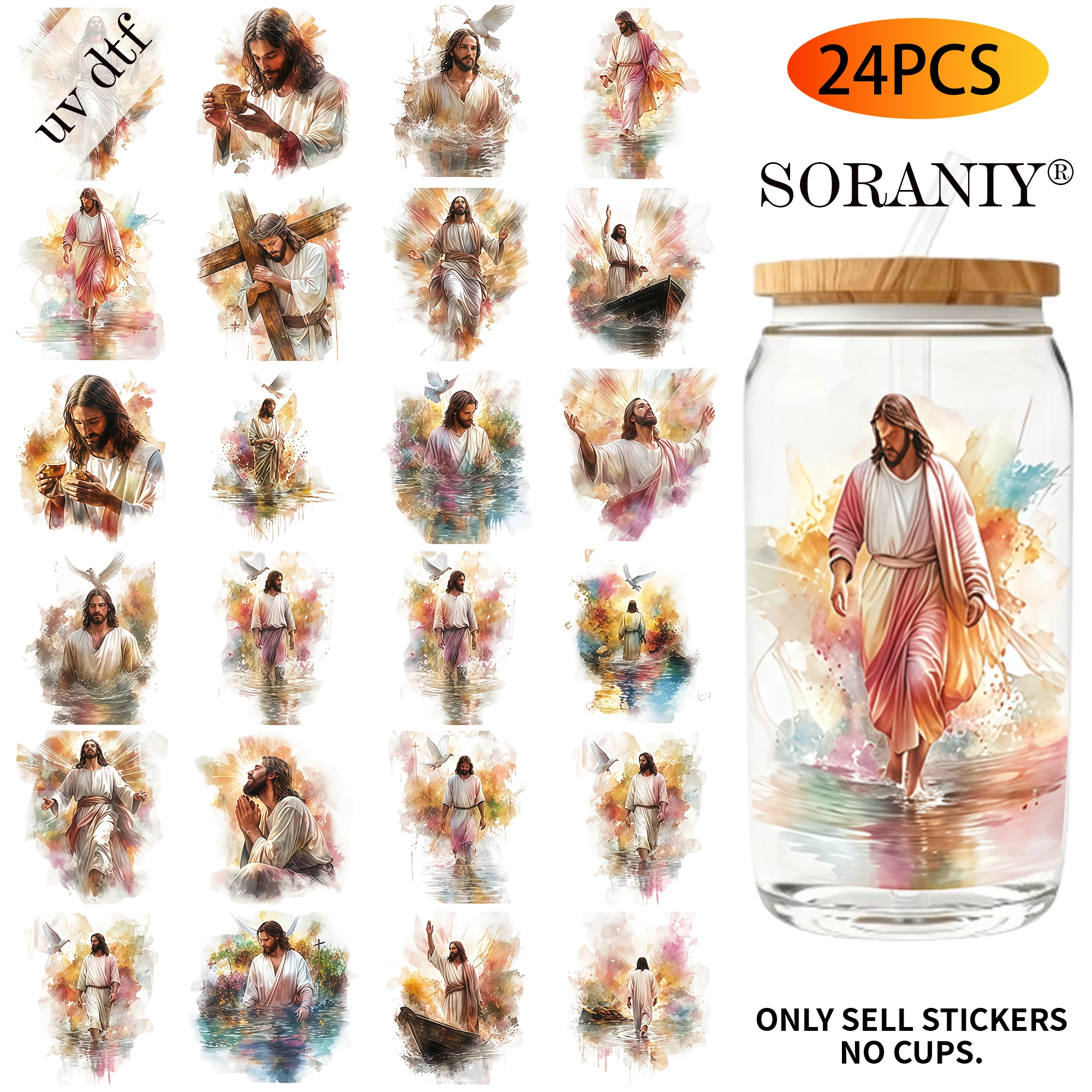 24PCS/Set Watercolor Jesus Walking On Water Religious Art Themed UV DTF 16OZ DIY Transfer Paper Set Golden Text Used For 16oz Wa