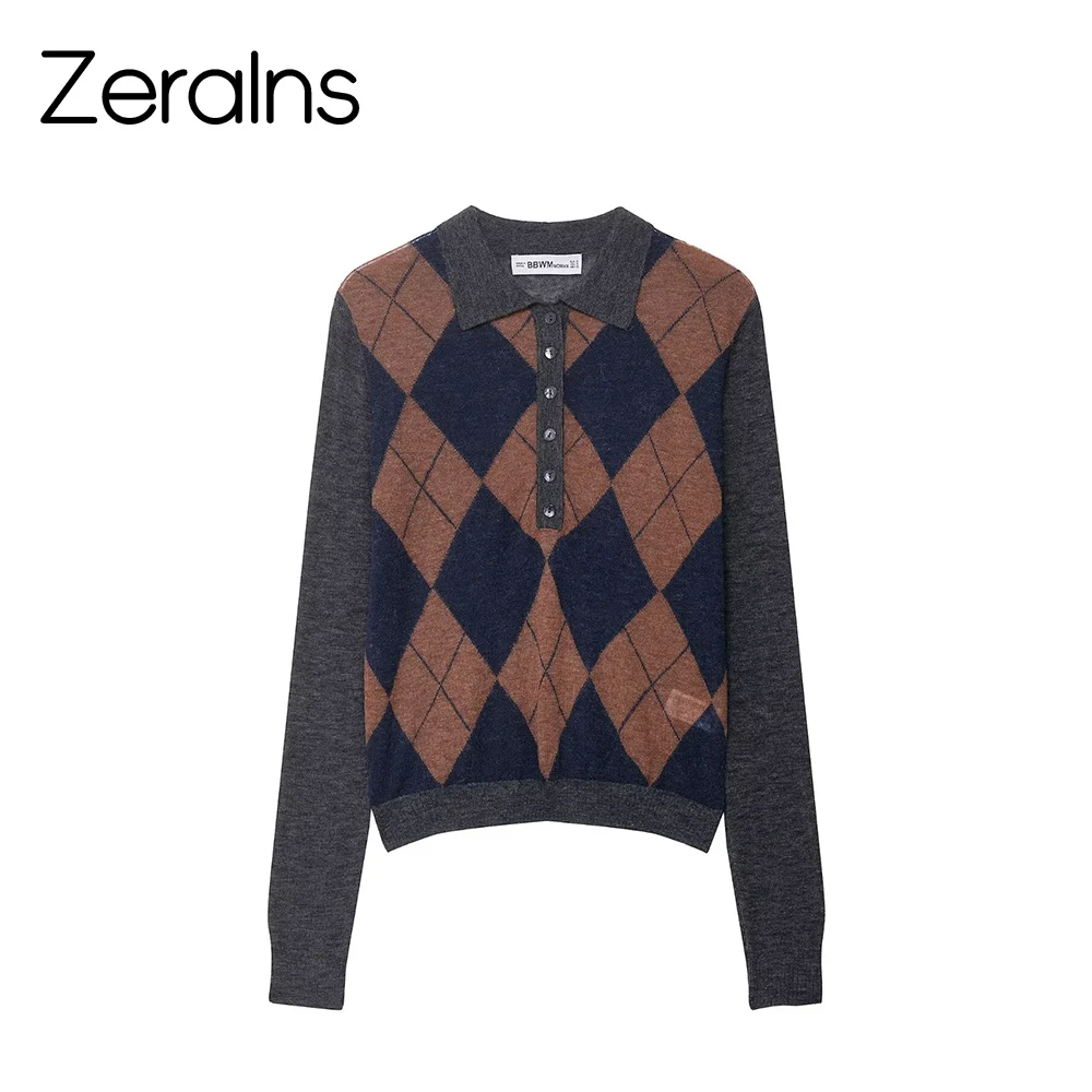 

ZERAINS дизайн смысл контрастного цвета ромбовидная сетка вязаный свитер осень ретро пуловер с воротником-поло топ с длинными рукавами