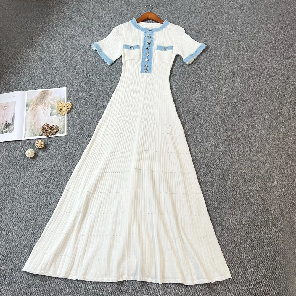 Yuoomuoo marca moda feminina vestido 2025 primavera verão vintage denim retalhos o pescoço de malha maxi vestido senhora do escritório vestidos