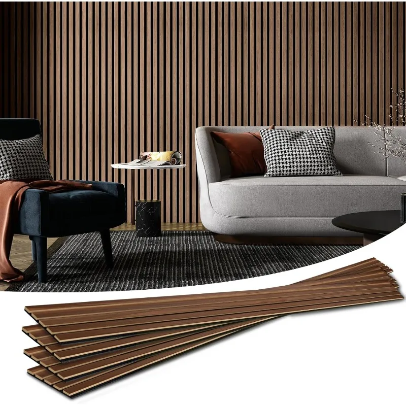 4-Piece Wood Slat Acoustic Panels for Stylish Decor and Noise Reduction, 3D Textured Panel for Ceiling and Wall, Walnut