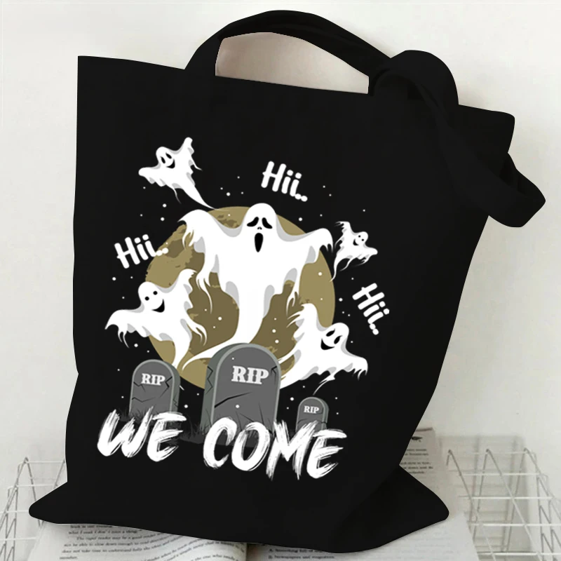 Women Canvas Shoulder Bag Halloween Ghost Reading Books Print Handbag Ladies Casual Bookworm Tote Bag Book Lovers Shopping Bag