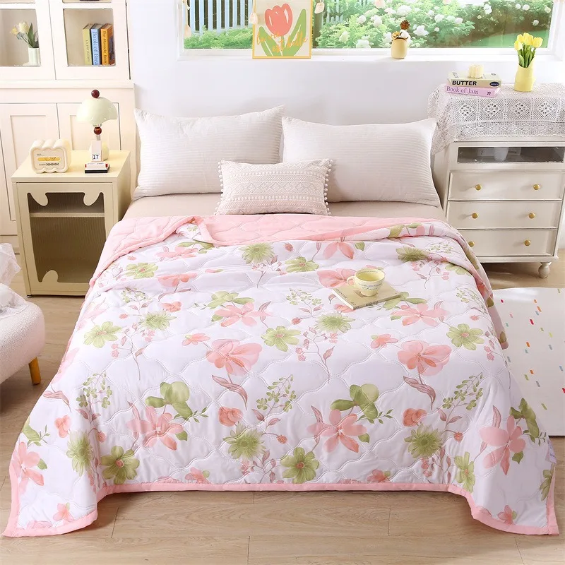 Plaid Stitching Air Condition Quilt Printing Breathable Lightweight Bedspread for Bedroom Sofa Office Travel Single/double Bed