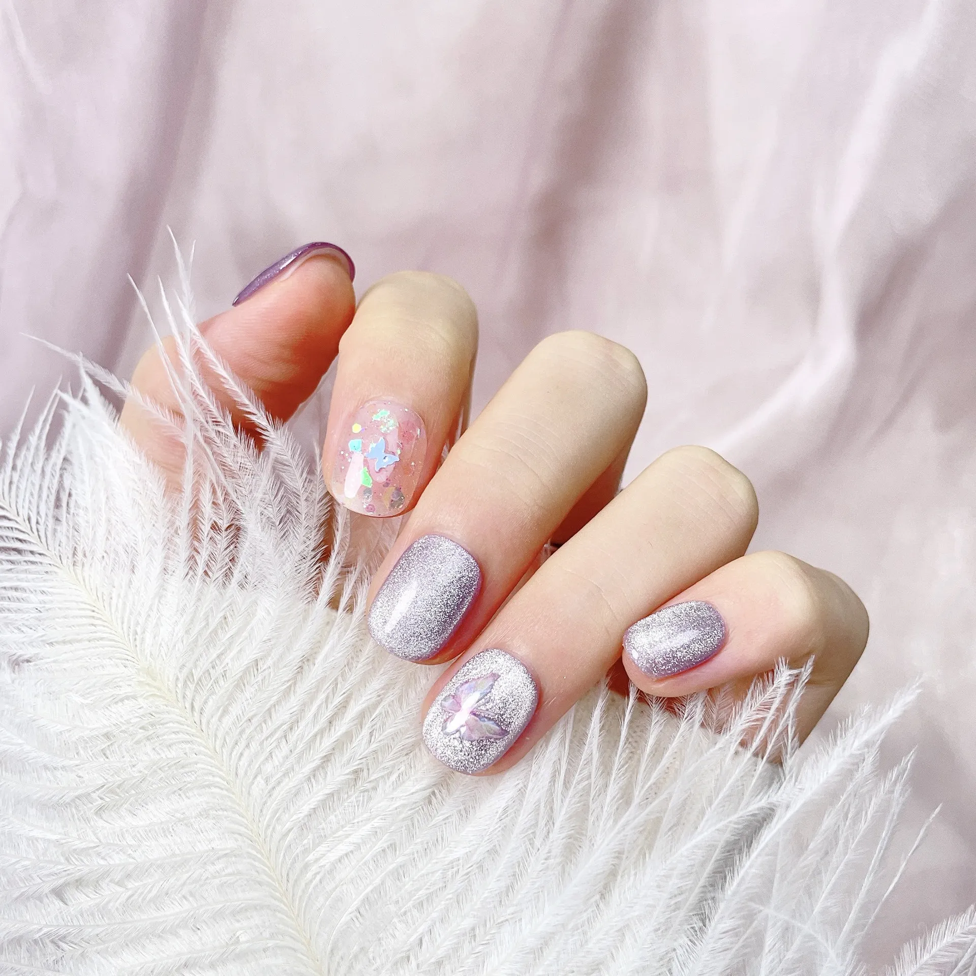 10Pcs/Set Acrylic Ballet Press on Nails Short Square Glitter Cat Eye Nails False with Glue Pink Butterfly for Women and Girls