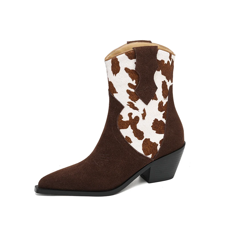 Genuine Leather Retro Cow Patter Women Ankle Boots Thick Heels Fashion Winter Woman Boots,Knight Boots,Fashion Western Boots