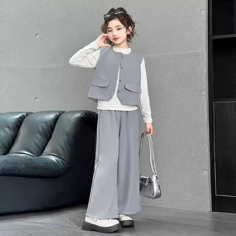 2026 New Girls Vest Suit Set Spring Kids Clothes Big Kids 3 Piece Stylish Outfit Lightweight Blazer Vest for Casual School Wear