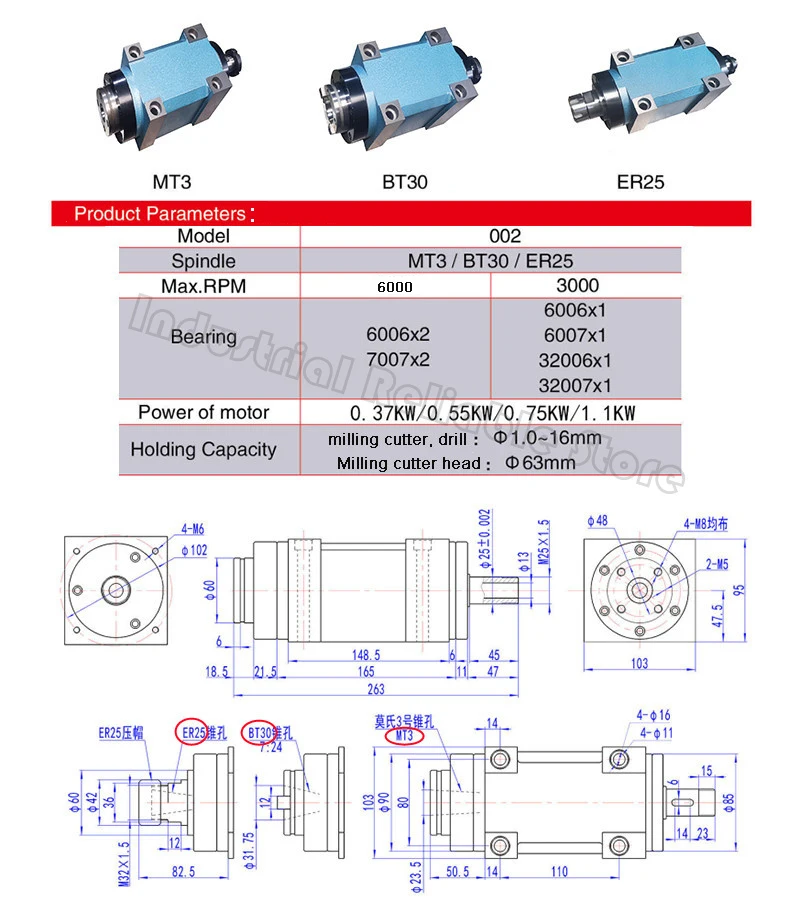 1.5KW 2Hp 3HP BT30 ER25 MT3 Power Head Spindle Unit 3000~6000rpm CNC Spindle Head for Boring Milling Drilling Tapping