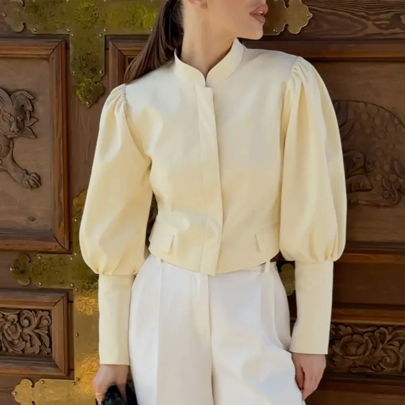 Elegant Puff Sleeve Shirt Fashion Solid Casual Cardigan Coat High Street Patchwork Slim Office Lady Women Shirt Jacket