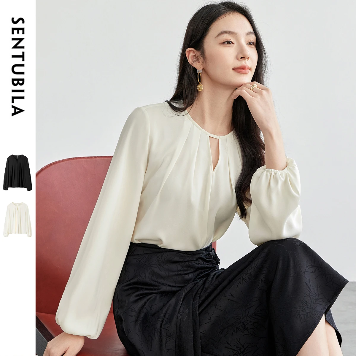 

SENTUBILA Hollow-Out Blouses For Women 2025 French Style Chiffon Crew Neck Lantern Sleeve Shirt Korean Elegant Blouse151V57661