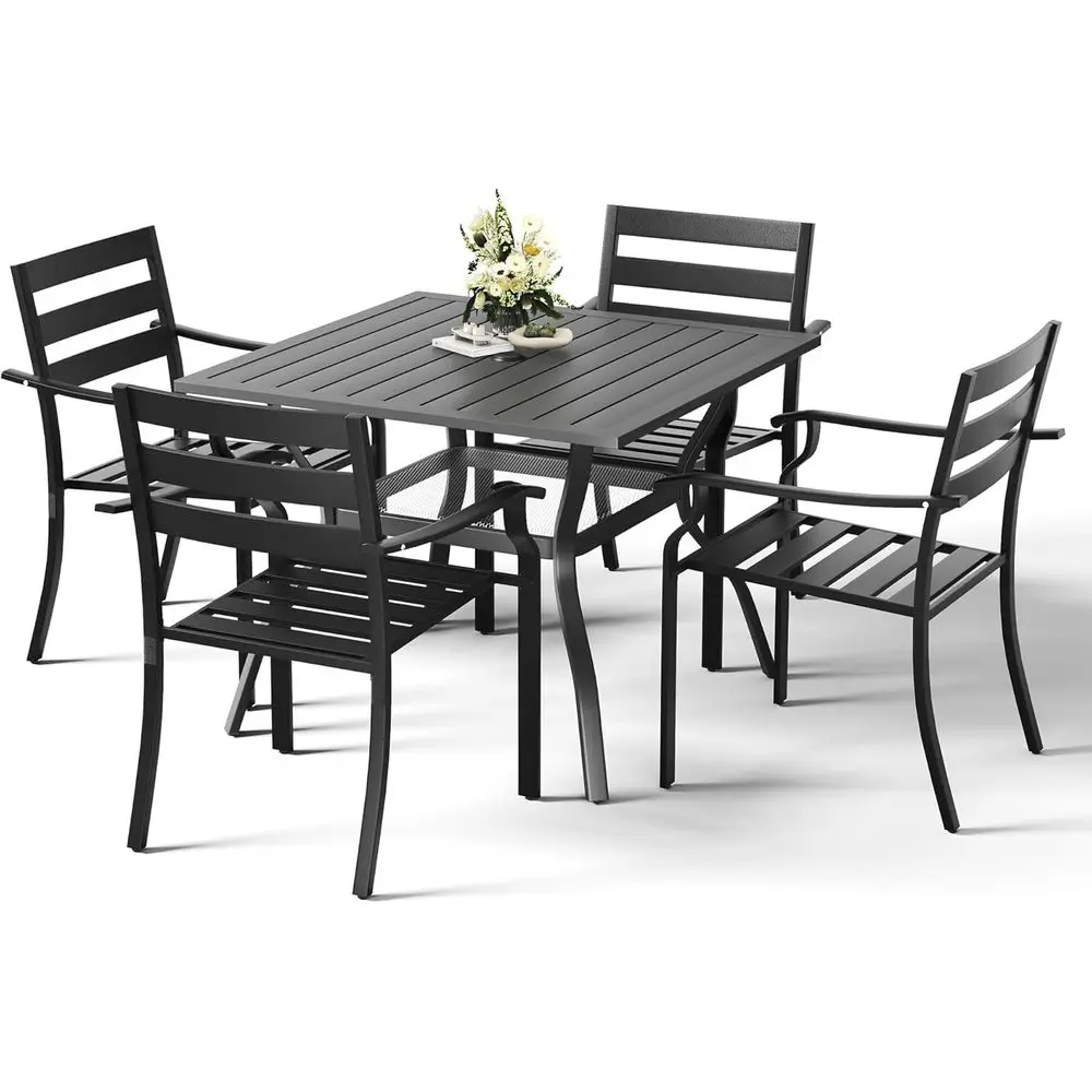 

5 Piece Outdoor Patio Dining Set or 4, 37" Square Metal Table with Umbrella Hole and Storage Shel, Stackable Wrought Iron Chairs