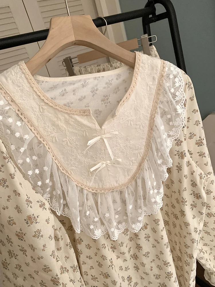 Palace Style Pure Cotton Pajamas for Women Autumn Double Layer Gauze Round Neck Floral Long Sleeve Lace Trim Princess Style Set