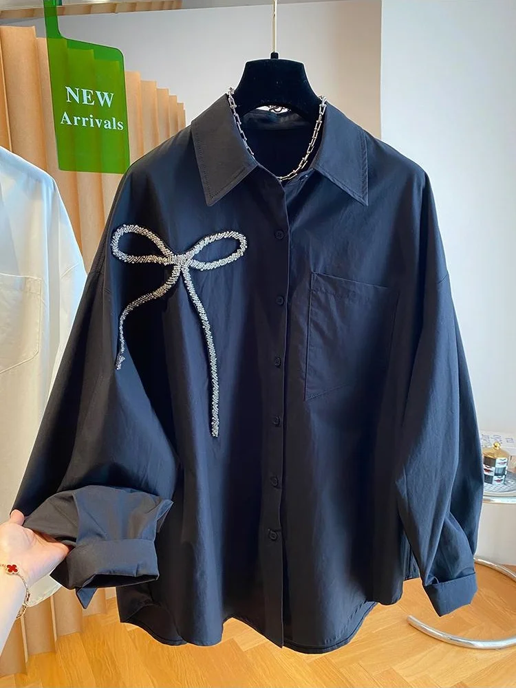 

SuperAen Niche Black Bow Shirt Women's 2025 New Loose Long Sleeve Solid Color Shirts Female Autumn Casual Blouse