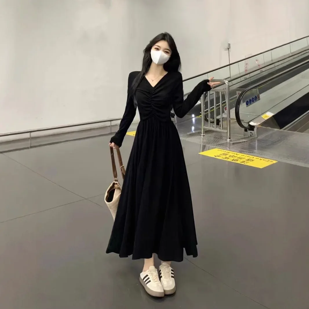 أسود هيبورن نمط كم طويل فستان بفتحة عنق على شكل v المرأة موضة ربيع الخريف وصول جديد مصغرة فستان طويل شعور أنيق