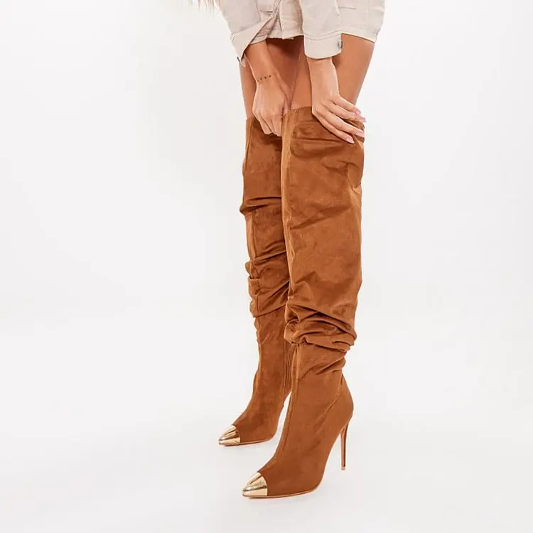 Brown Stiletto Suede Heels Boots Women's Metal Toe Zipper Thigh Over The Knee Booties Winter Fashion Warm Casual Shoes New In