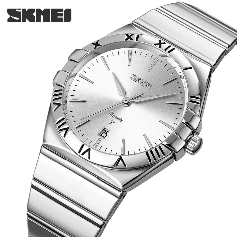 

SKMEI Brand Men's Watch Business Roman Numerals Stainless Steel Band Waterproof Watches for Men Simple Style Date Quartz Clock