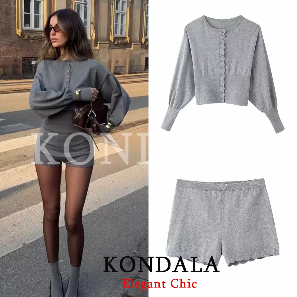 

KONDALA Women Trendy Shorts Set Single Breasted Knitted Top Elastic Waist Shorts New Fashion 2026 Spring Summer Streetwear Set