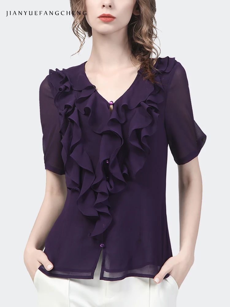 Fashion Women\' Spring Summer Cascading Ruffles Chiffon Blouse Long Sleeve V-Neck Single-breasted Shirt Solid Color Casual Tops