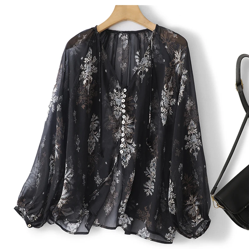 

Элегантная женская рубашка свободного кроя с цветочным принтом и V-образным вырезом, тонкая, с длинными рукавами, летняя новинка, дышащая, с защитой от солнца, в китайском стиле