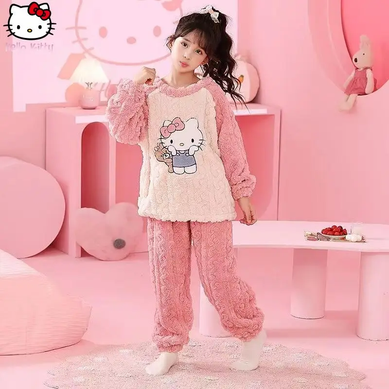 

Теплый пижамный комплект Hello Kitty с героями мультфильмов для девочек Cinnamoroll, кавайный осенне-зимний новый утепленный домашний костюм в стиле аниме для мальчиков, модная одежда Sanrio