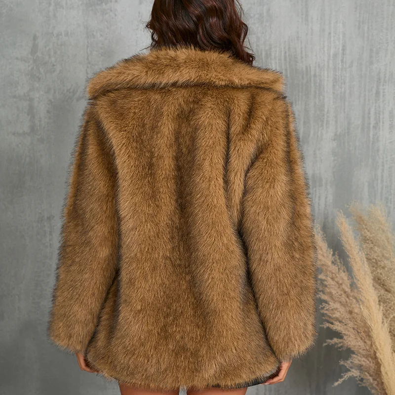 Mantel Bulu Palsu Wanita Kerah Lipat Pakaian Luar Mantel Panjang Sedang Tebal Hangat Y2k Pakaian Jalanan Jaket Parka Elegan Pakaian Luar 2025