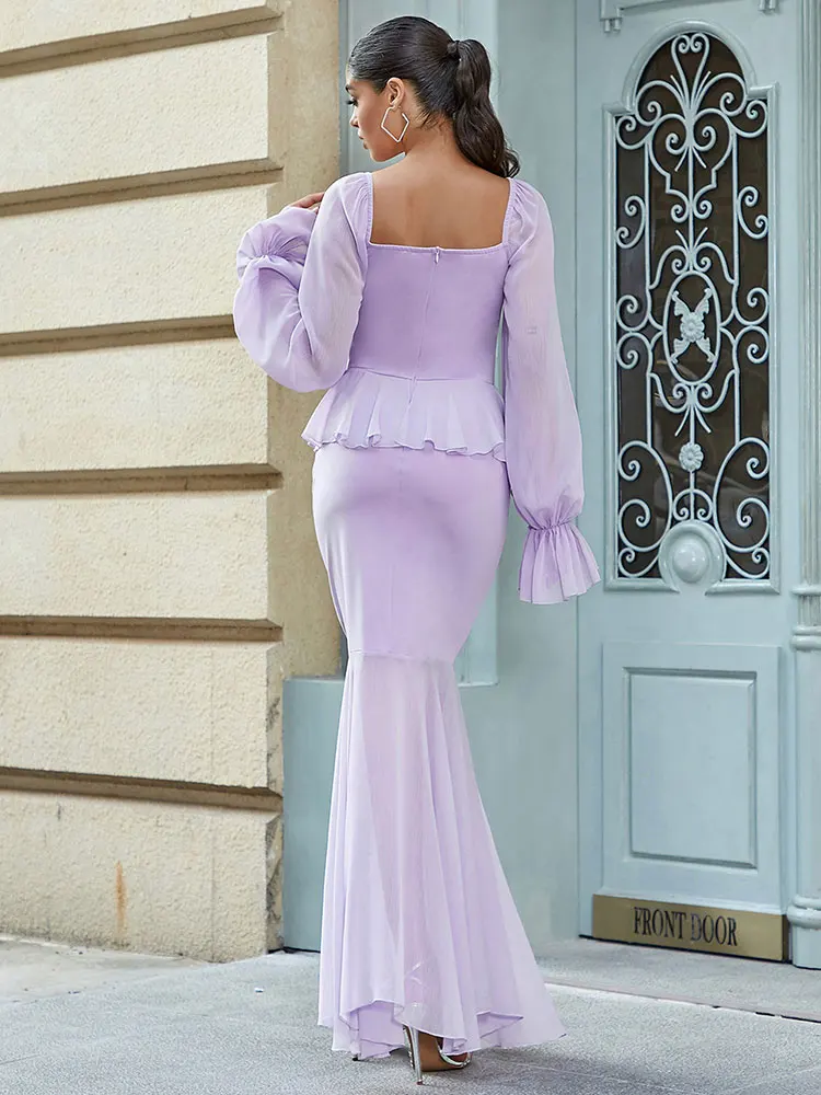 2024 New Sexy Women's Light Purple sheer Long Dress Strapless Lantern Sleeves Bodycon Draped Ruffle Design Dress Party Vestidos