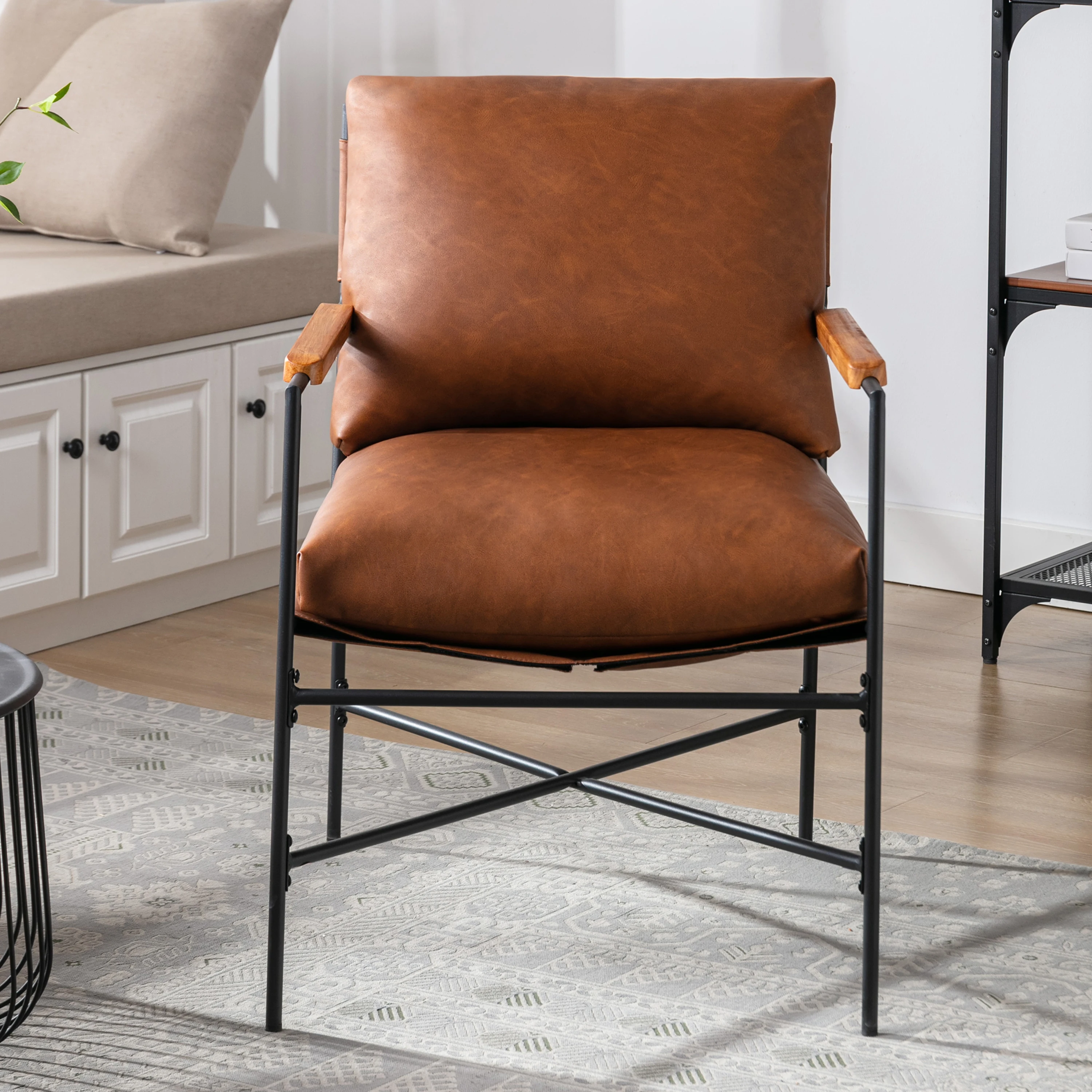 Metal Frame Linen Accent /Faux Leather Chair with Thick Padded Backrest and Seat Cushion for Living Room Bedroom