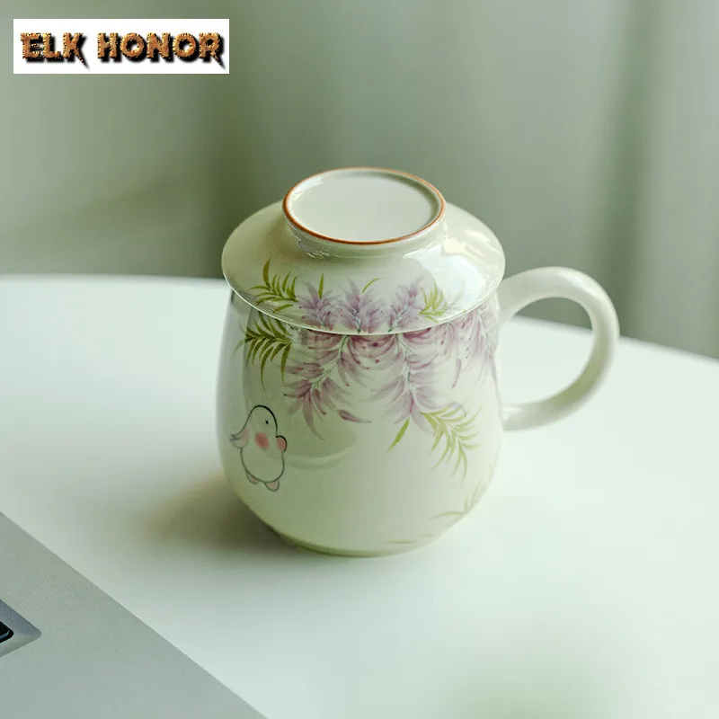 

260ml Hand Drawn Wisteria Flower Office Mug Zen Ceramic Tea Cup Boutique Mug With Lid Tea Maker Personalized Mug Tableware Gifts