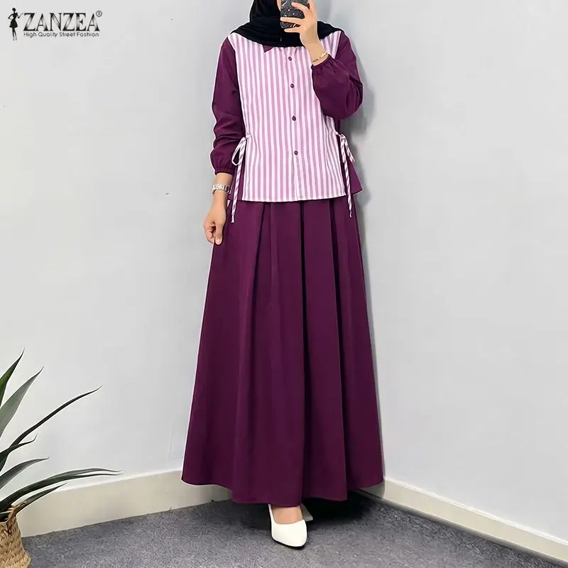 

Eid Mubarek Muslim Sets Hijab Outfits ZANZEA Women Long Sleeve Patchwork Shirt Maxi Long Skirt Suit Dubai 2 Pieces Sets Ramadan