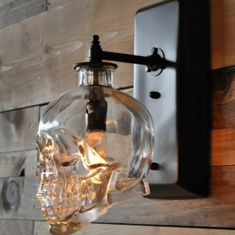 Candelabro de pared de luz simple de hierro negro con cabeza de calavera, pantalla de vidrio transparente, iluminación del hogar, lámpara de pared para comedor, lámpara de calavera