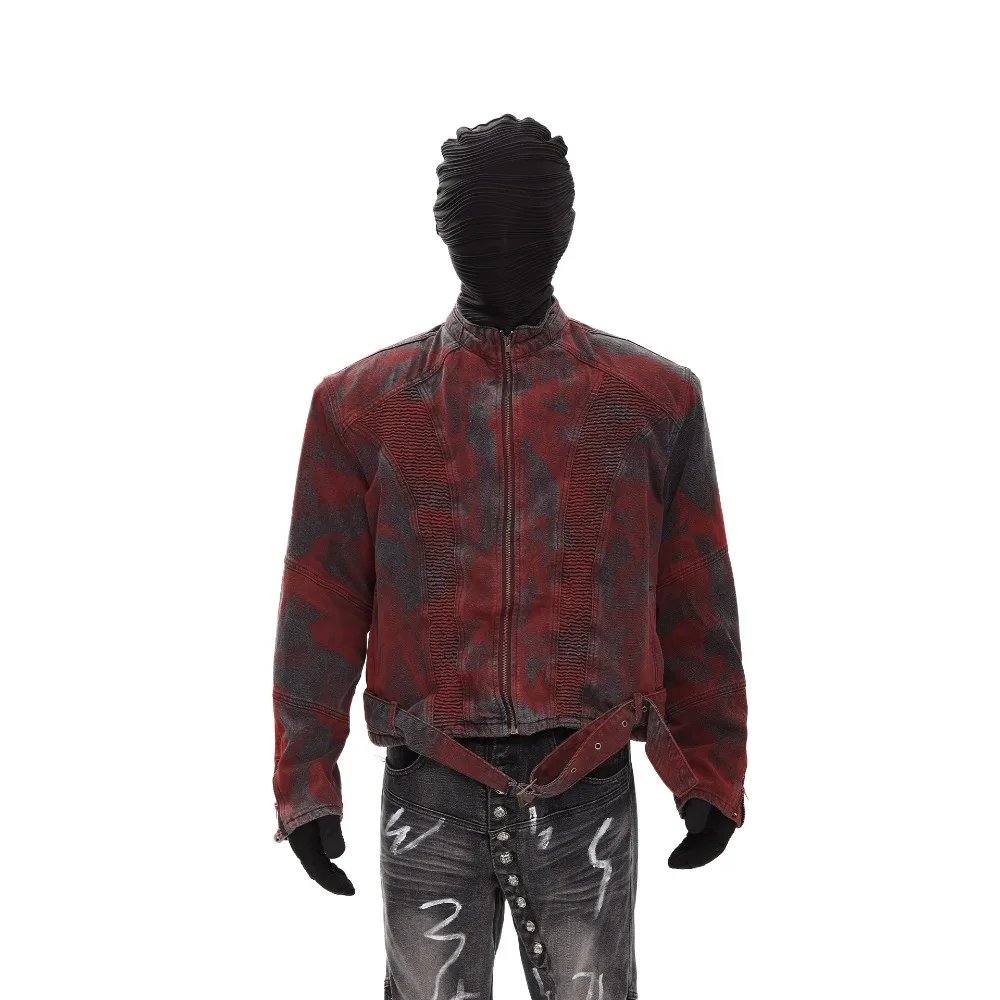 High Street Retro Gradient Red Shoulder Padded Denim Jacket Men's Autumn Stand Up Collar Zipper Streetwear Casual Jacket