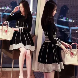 2020 Spring Autumn Women's Knitting Dress High Waist New Elegant Fashion Sweater Dress Long Sleeve Pleate Black Mini Dresses