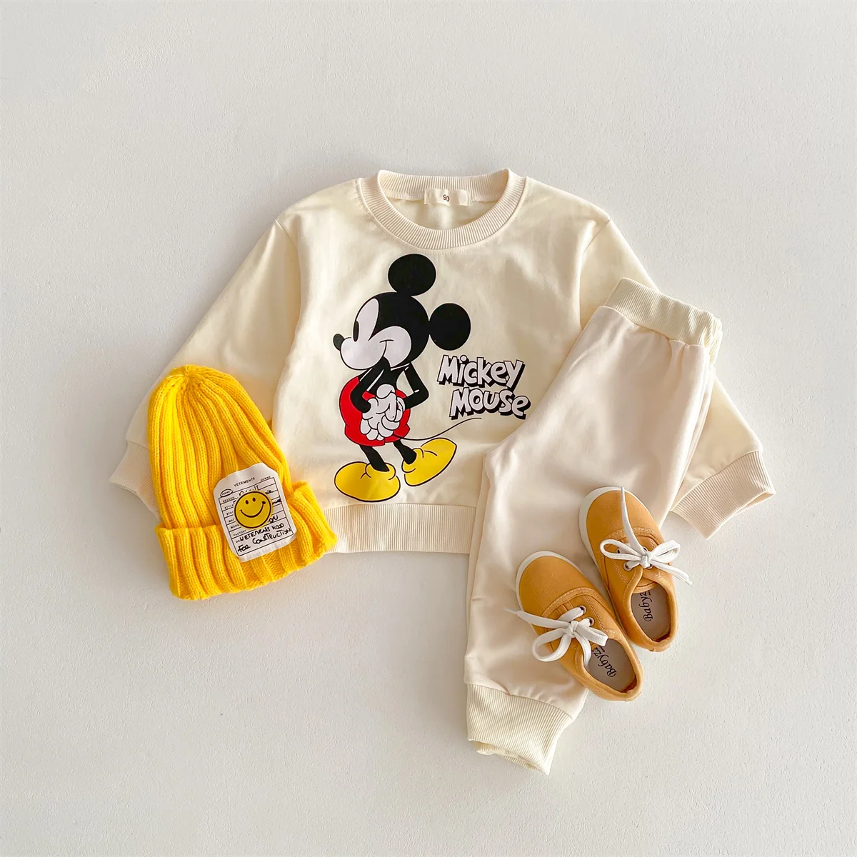 Disney Mickey Children\' Tracksuit Cartoon Fashion Loose Baby Girl Boy Long Sleeve Crewneck Hoodies + Pants Two Piece Set Clothes