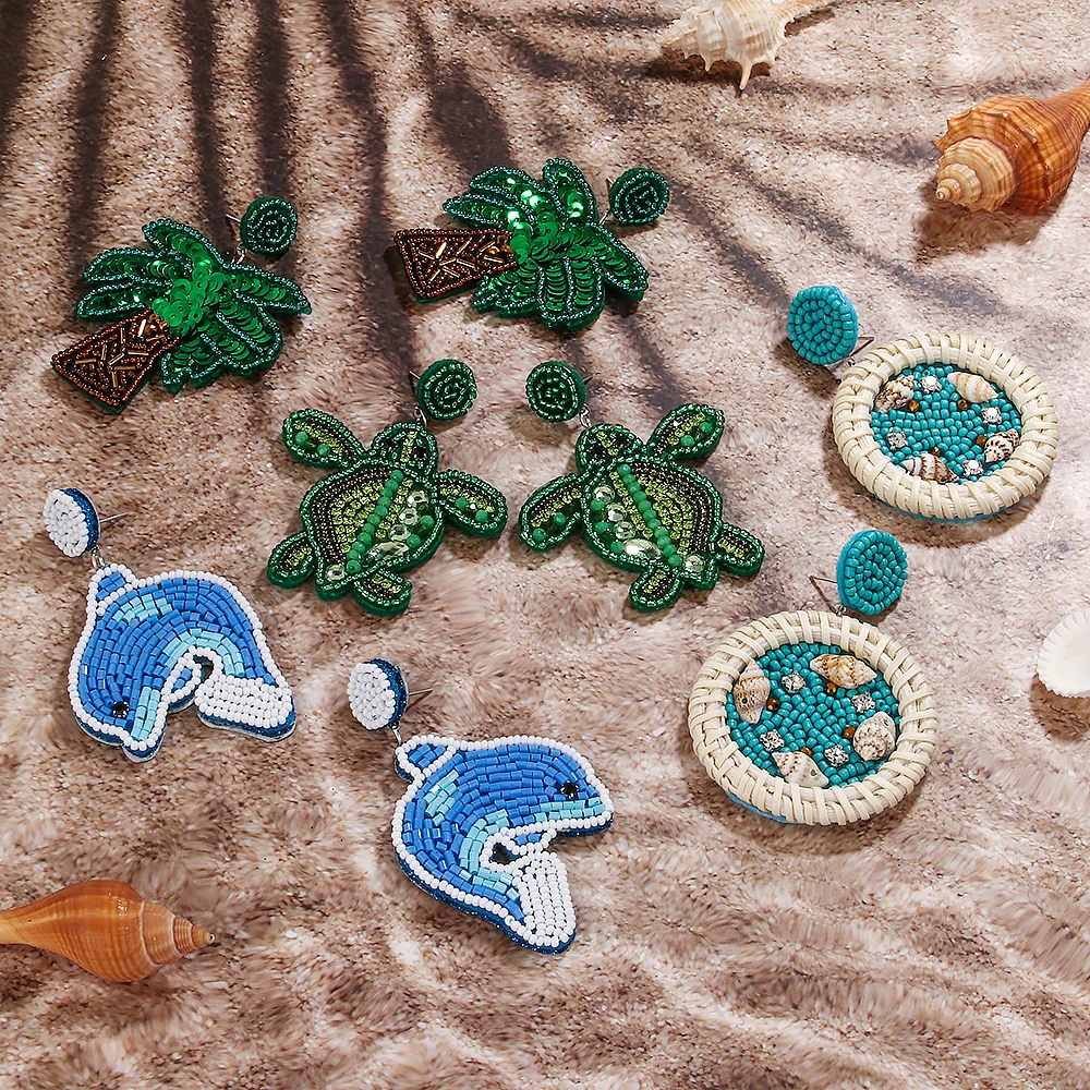 Beaded Summer Beach Style Earrings for Women Bohemian Handmade Funky Turtle Coconut Palm Shell Dolphin Dangle Ear Jewelry Lover