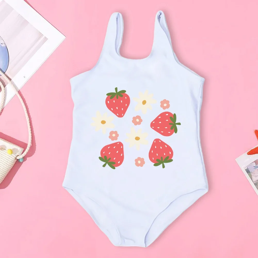 Fashion Cute Strawberry Pattern Print Child Swimsuit Cute Beach Kids One Piece Swimsuits Set Casual Girls Summer Clothing