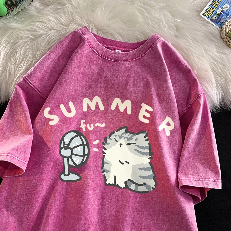 

New men's T-shirt with a cute pattern of a cat blowing an electric fan a stylish men's graphic T-shirt