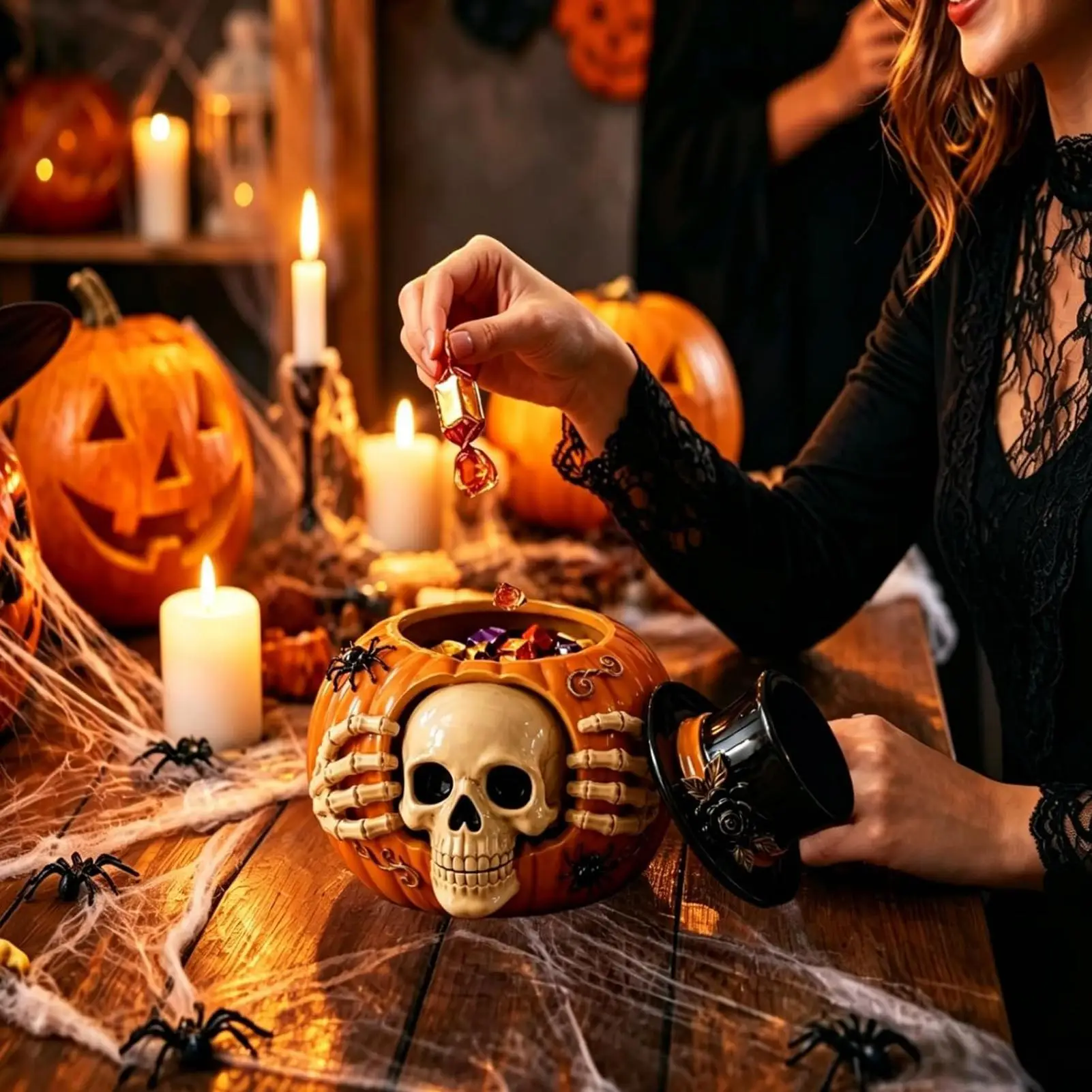 Skeleton Pumpkin Candy Jar Skull Pumpkin Dining Table Decoration Resin Gothic Skeleton Pumpkin Bowl Halloween Cookie Jar view 5