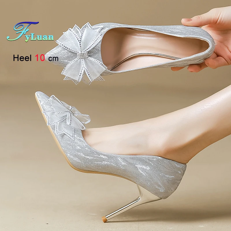 

Туфли с французскими кристаллами, весенне-осенние новые серебряные свадебные туфли, женские туфли-лодочки на высоком каблуке с острым носком и бриллиантами по индивидуальному заказу