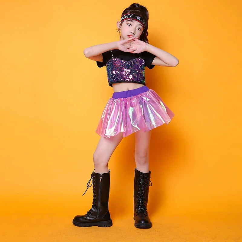 女の子のためのステージパフォーマンスコスチューム、ジャズダンス服、ヒップホップストリートウェア、スパンコールモデリング、ウォーキングショー、練習