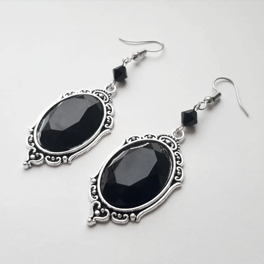 Gothic Temperament Silver Color Oval Lacework Multiple Cut Plane Black Crystal Dangle Earrings for Women Men Halloween Jewelry