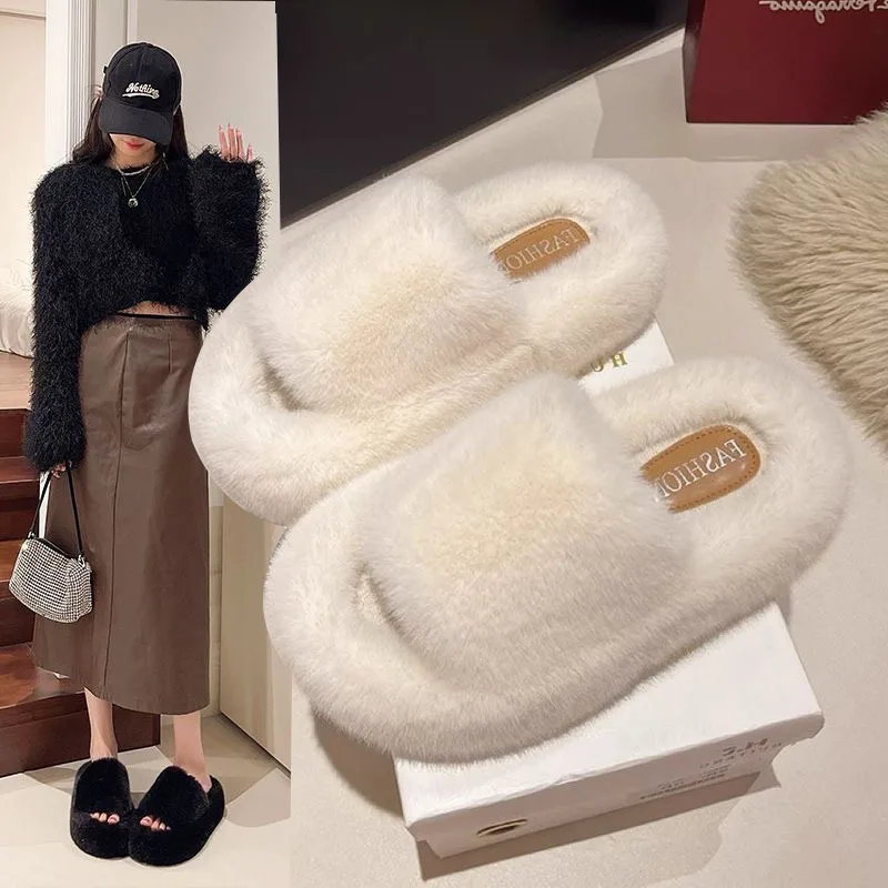 2026 Winter Women Furry Slippers Soft Plush Faux Fur Floor Shoes Indoor Ladies Warm Home Slippers Open Toe Fluffy House Slides