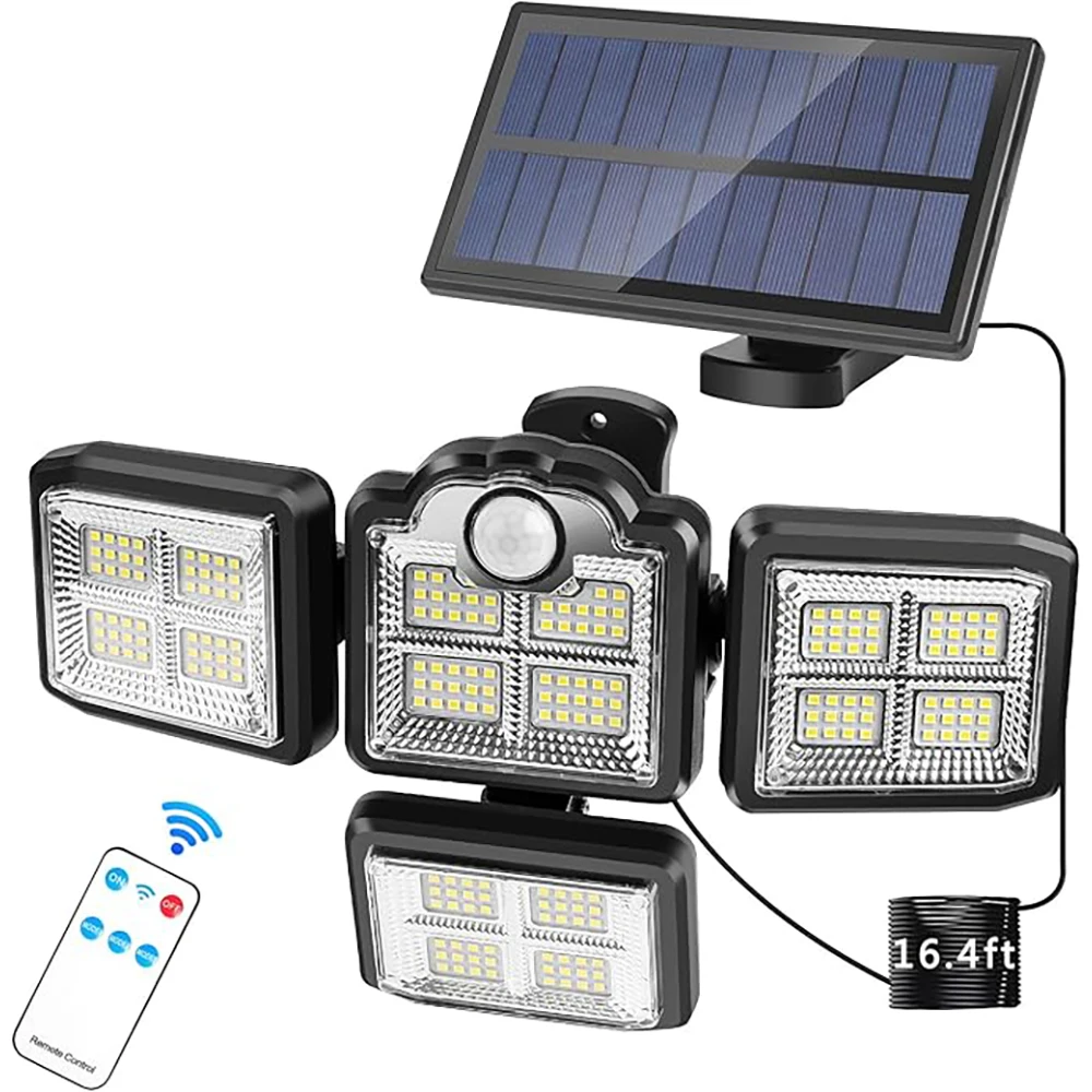 Solar Outdoor Light with Lights Reflector Motion Sensor Remote Control 4 Heads 270° Wide Angle Solar Powered Wall Flood Light