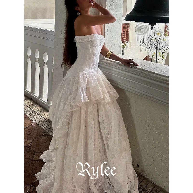 Rylee White Elegant Strapless Wedding Dress Waist Cinching A-Line Layered Hem Customized Beaded Sequins Lace Panels Bridal Weddi