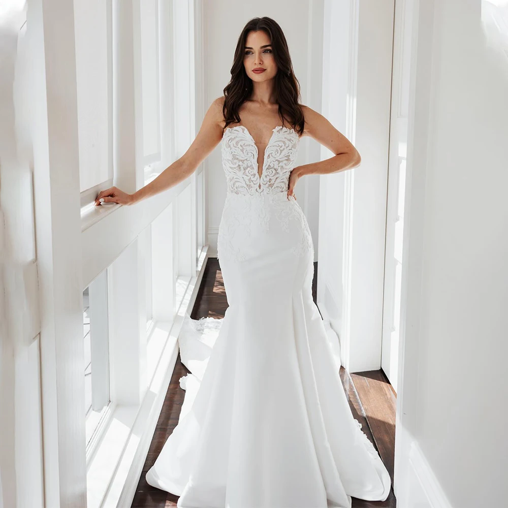

Sexy V-neck Lace Applique Sheath Wedding Dresses Custom Made Bridal Grown Vestido De Noival