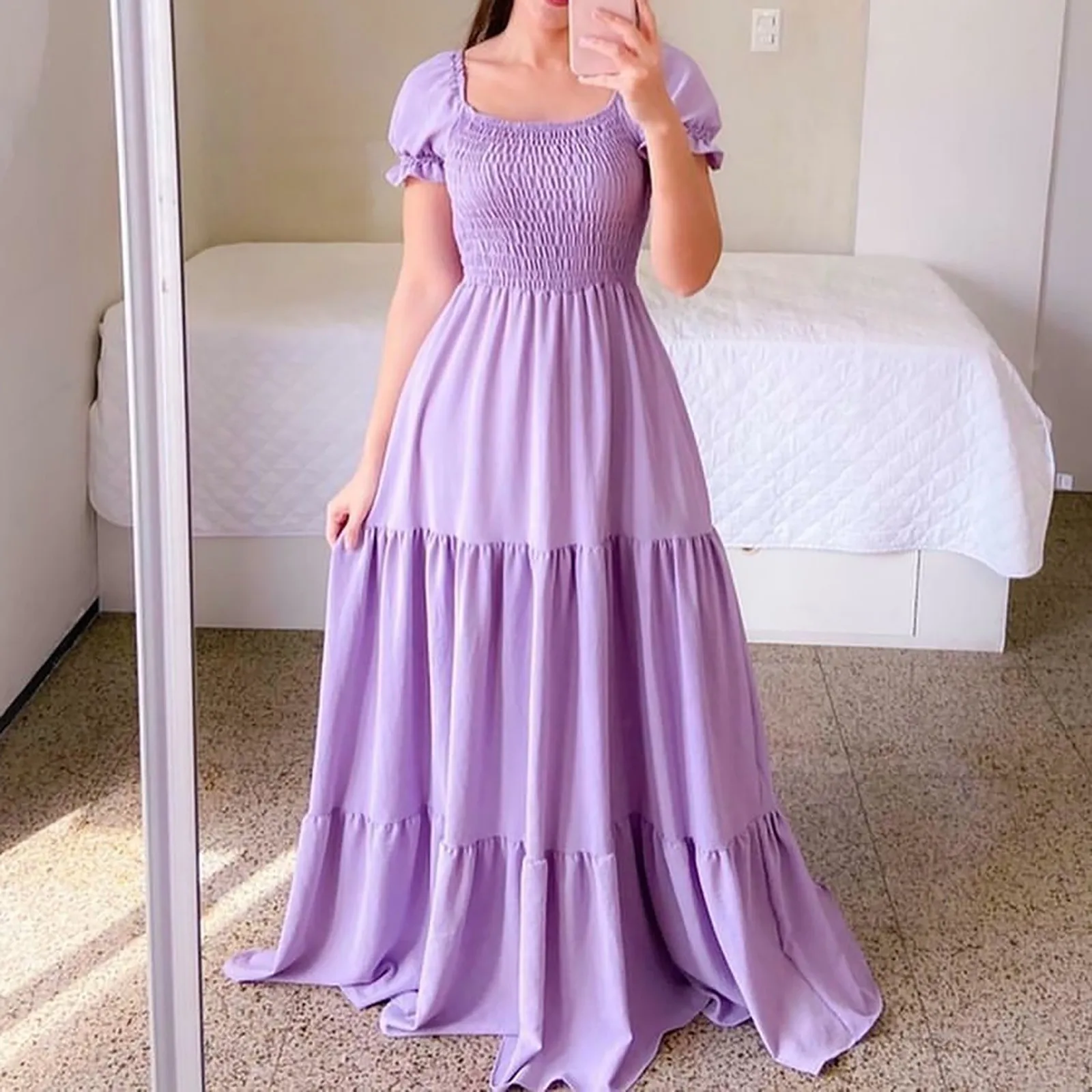 Summer Sweet Long Dresses Purple Puff Sleeve Holiday Sexy Backless Slash Neck High Waist Skinny Maxi Dress Ruffles Pleated Robe