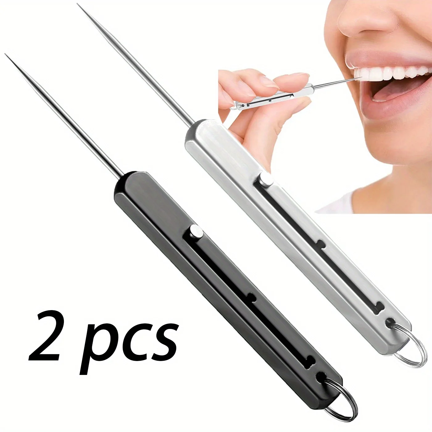 2-Pack Durable Portable Titanium Alloy Retractable Toothpicks Set with Stainless Steel Storage Case and Extendable Keychain Ring